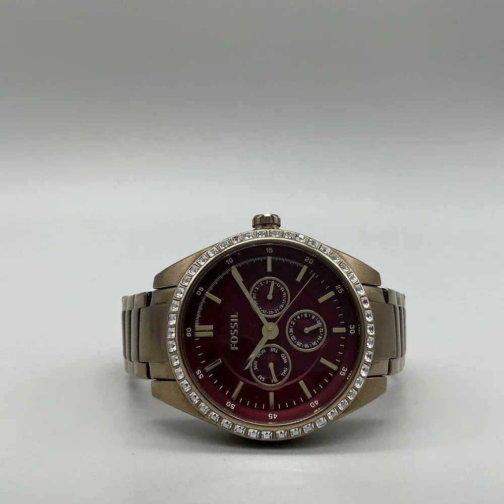 Fossil Riley BQ3040 Womens Watch 40mm Red Dial Gold Tone New Battery 6.5
